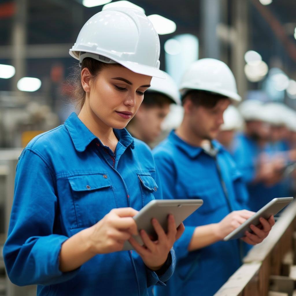 manufacturer workers with tablets , in a factory, wearing helmets